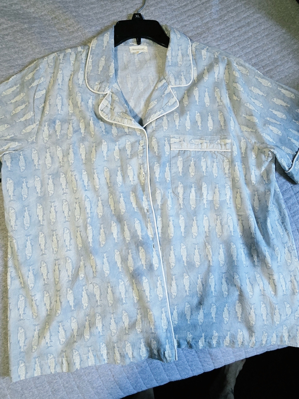 Cost Plus World Market Light Blue Women's Pajama Top with White Fish Print